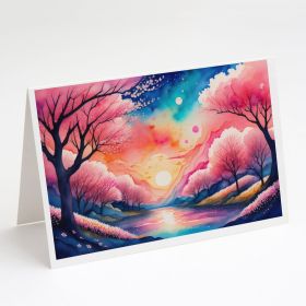 Cherry Blossom in Color Greeting Cards Pack of 8 Blank Cards with Envelopes Whimsical A7 Size 5x7 Blank Note Cards