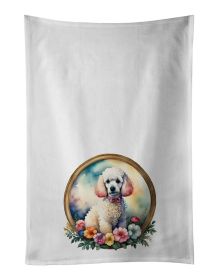 White Poodle and Flowers Kitchen Towel Set of 2 White Dish Towels Decorative Bathroom Hand towel for Hand, Face, Hair, Yoga, Tea, Dishcloth, 19 X