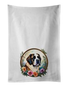 Saint Bernard and Flowers Kitchen Towel Set of 2 White Dish Towels Decorative Bathroom Hand towel for Hand, Face, Hair, Yoga, Tea, Dishcloth, 19