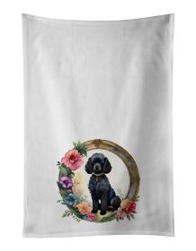 Black Poodle and Flowers Kitchen Towel Set of 2 White Dish Towels Decorative Bathroom Hand towel for Hand, Face, Hair, Yoga, Tea, Dishcloth, 19 X
