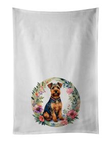 Welsh Terrier and Flowers Kitchen Towel Set of 2 White Dish Towels Decorative Bathroom Hand towel for Hand, Face, Hair, Yoga, Tea, Dishcloth, 19
