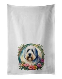 Old English Sheepdog and Flowers Kitchen Towel Set of 2 White Dish Towels Decorative Bathroom Hand towel for Hand, Face, Hair, Yoga, Tea, Dishclo