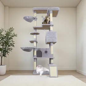 84.6 In Light Gray Cat Tree Tower With Wide Base, 3 Large Hinding Condo, 11 Sisal Scratching Post, Sisal Scratching Ladder, 2 Hammocks, Large Top (Option: defaulttitle)