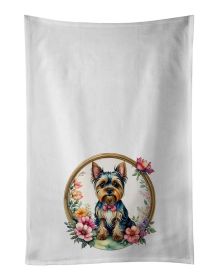 Yorkshire Terrier and Flowers Kitchen Towel Set of 2 White Dish Towels Decorative Bathroom Hand towel for Hand, Face, Hair, Yoga, Tea, Dishcloth (Default: Default)